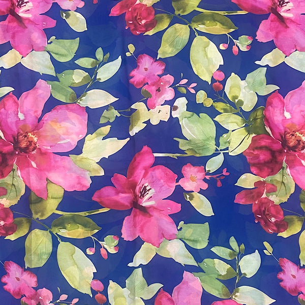 Navy Blue with Pink Floral Print on Pure Natural Crepe OM PS 75
