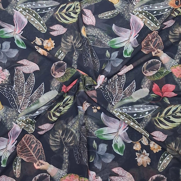 Black Leaves & Floral Print on Georgette Fabric OM VJ 22