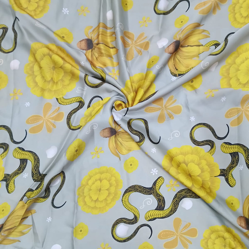 Shivan Yellow Floral & Snake Print in Grey Color on Armani Satin Fabric