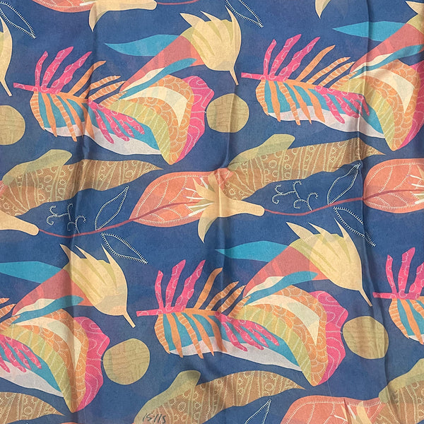 Teal Blue Leaves Print on Pure Natural Crepe OM PS 33