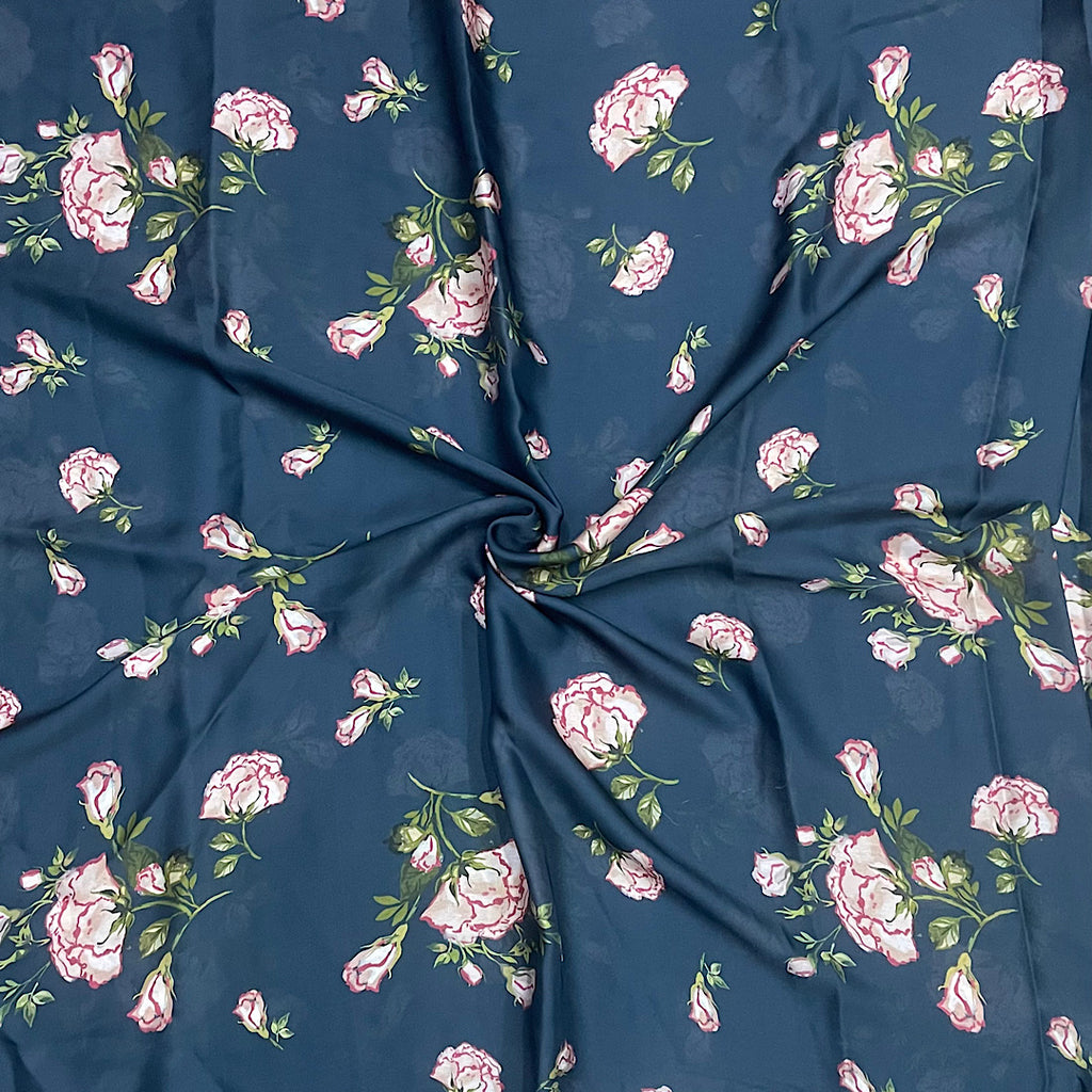 Rose Flower Print on Blue Color Base on Satin Georgette OM SG 186