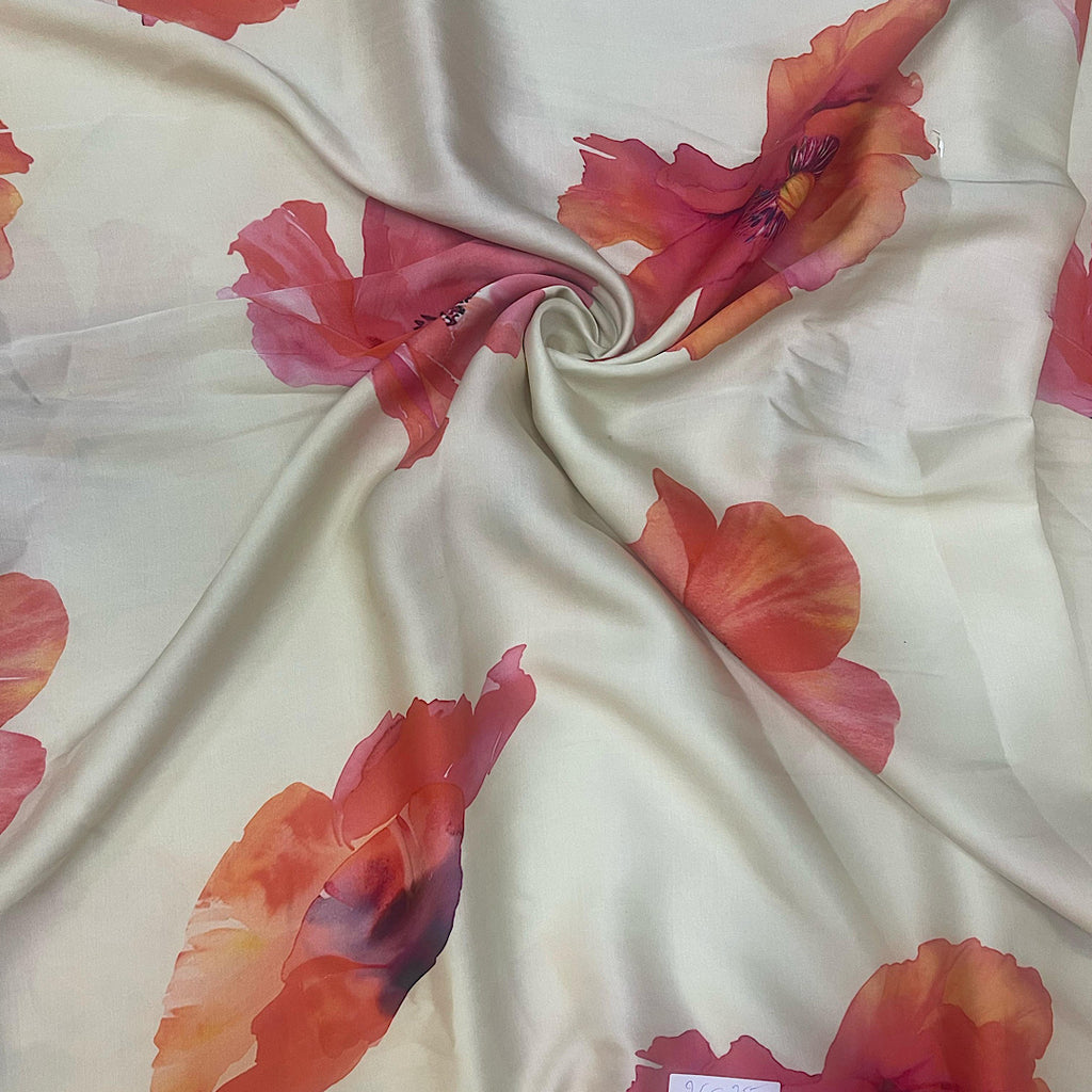Yellow with Red & Light Gold with Red Big Floral Print on Pure Viscose Modal Satin