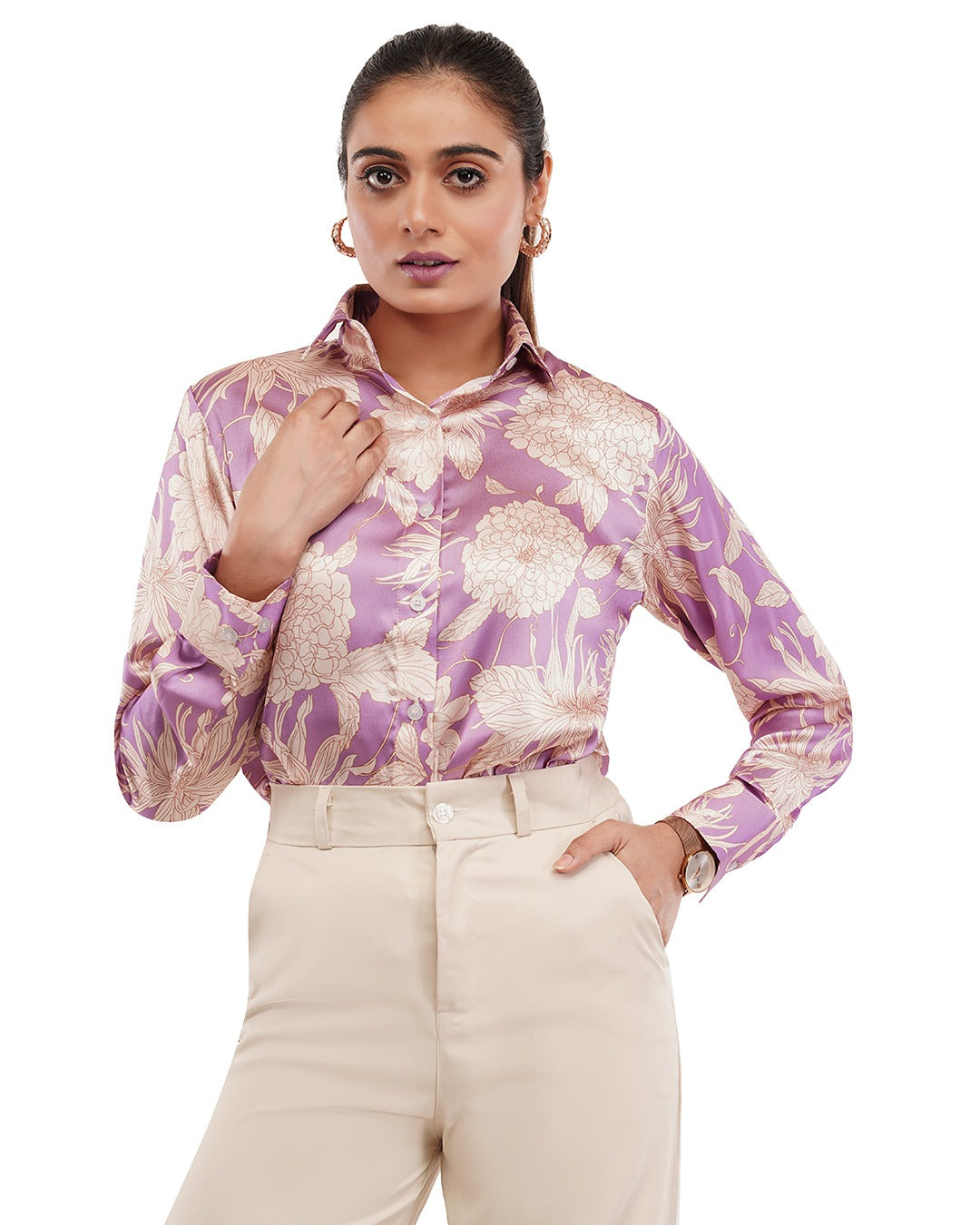 Mauve with Cream Floral Print on Pure Cotton Cambric TK 370