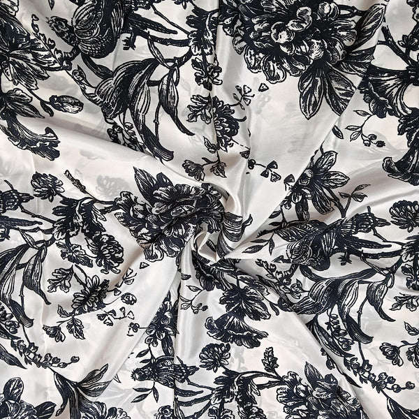 White & Black Floral Bird Print on Pure Natural Crepe OM SG 130