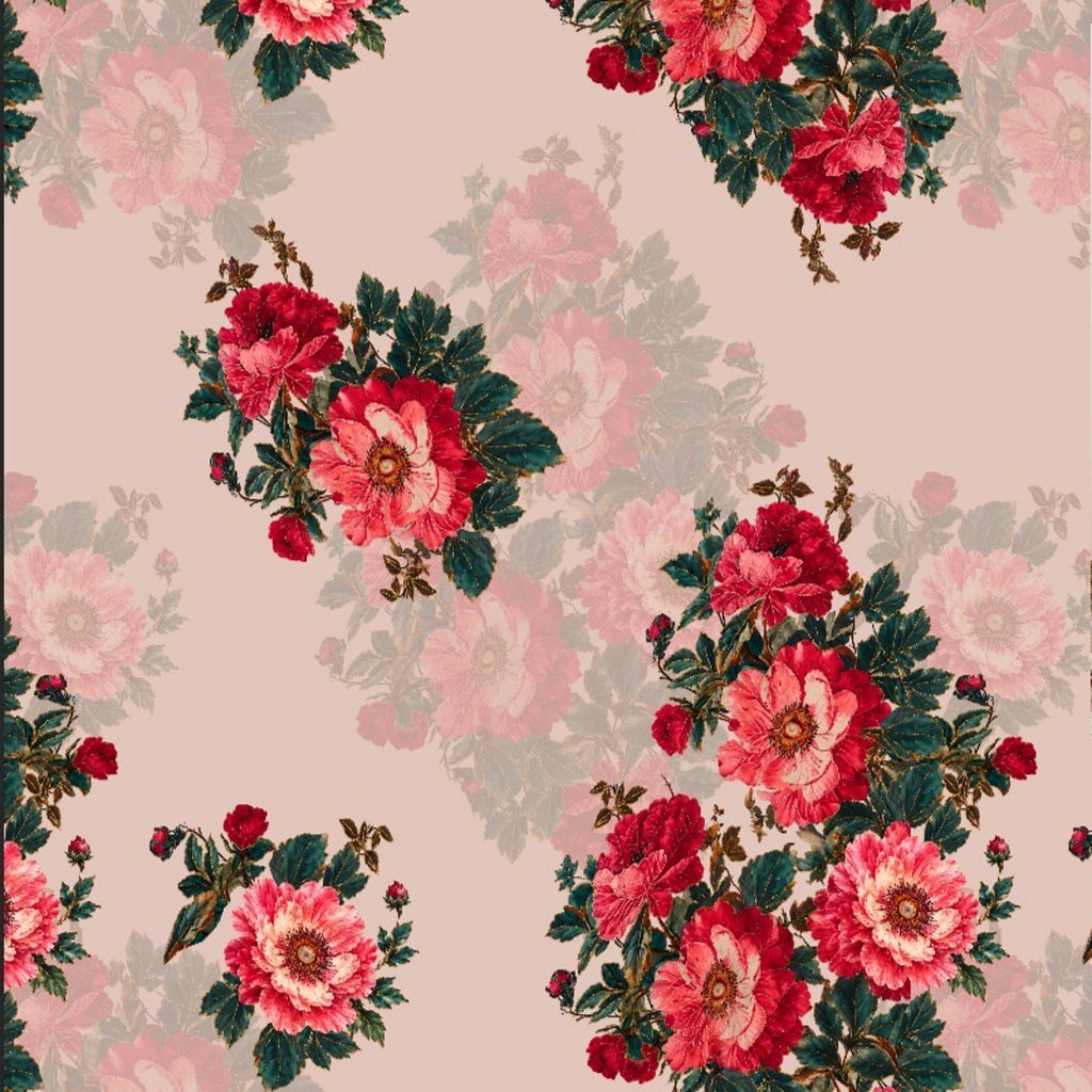 Floral Vintage Rose Bouquet Print Fabric Material Floral Linen Red OM SG 257