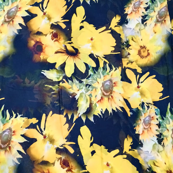 Yam Sunflower Print with Black Base Print on Pure Muslin Fabric