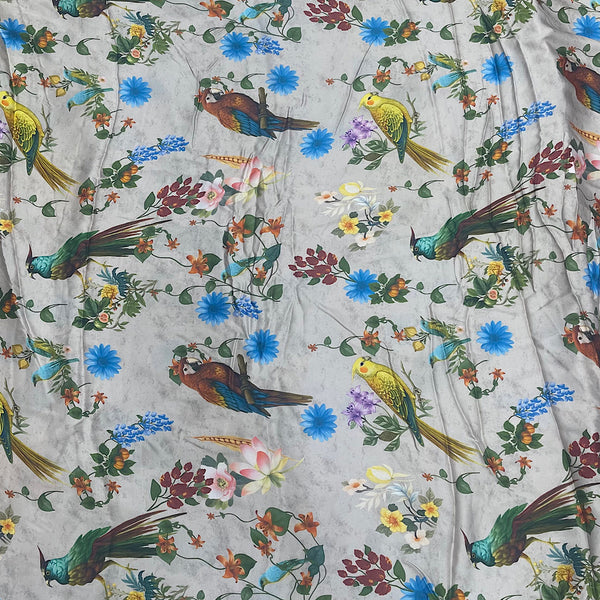 Mira Parrot & Floral Print in Beige Color on Pure Modal Satin Fabric
