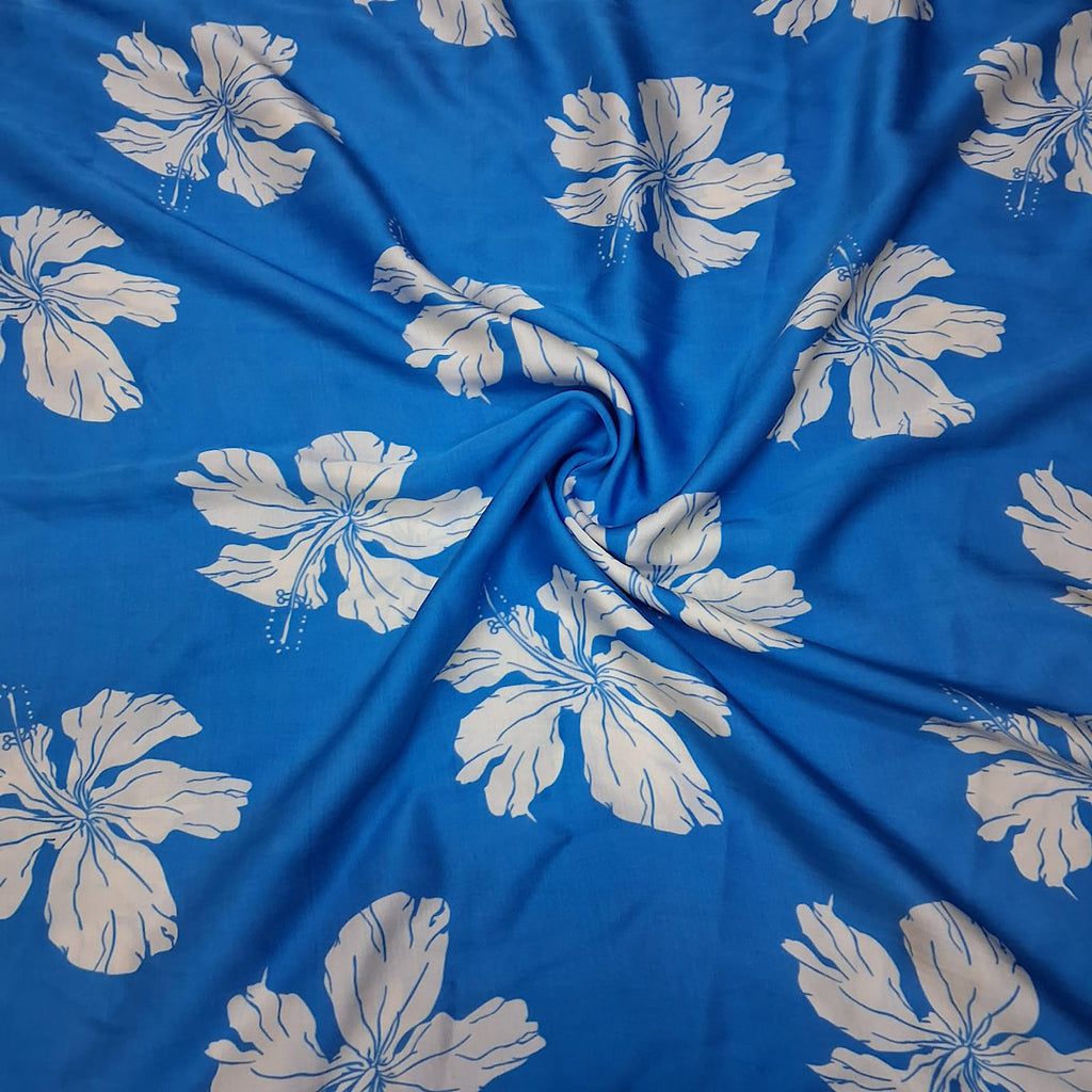 Blue with White English Modern Floral Print on Pure Modal Satin OM TK 230