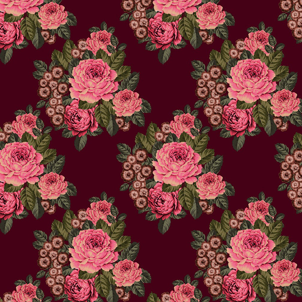 Sabya Big Floral Bunch Print on Maroon Base with Pink Floral on Pure Modal Satin