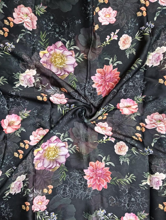 Black Floral Print in Pure Natural Crepe TS 22