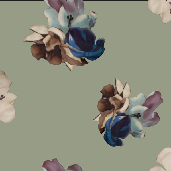 Olive Green big Floral Print by Yam on Pure Modal Satin with Color options