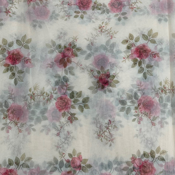 Ivory White Rose Print on Soft Organza