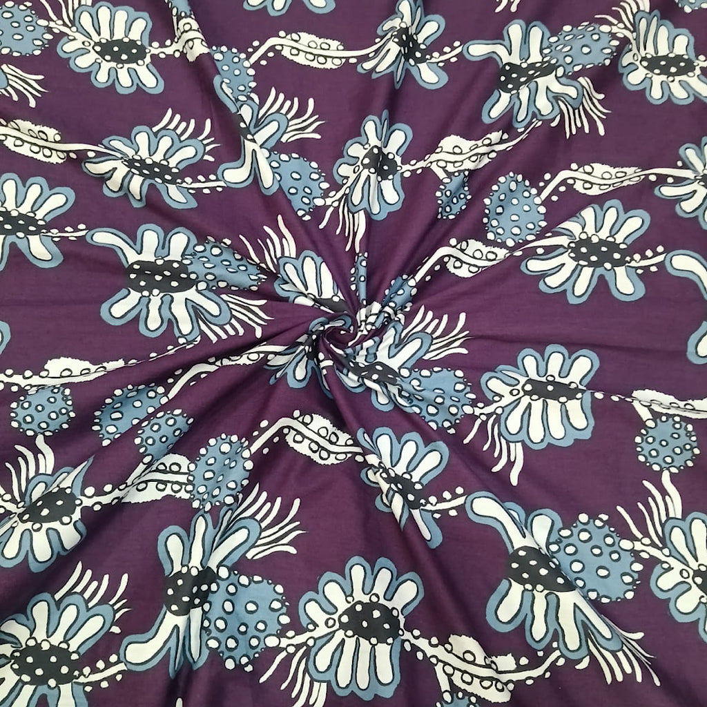 Dhruv Print with Jamun Colour Base & Blue & White Floral on Pure Cotton Poplin