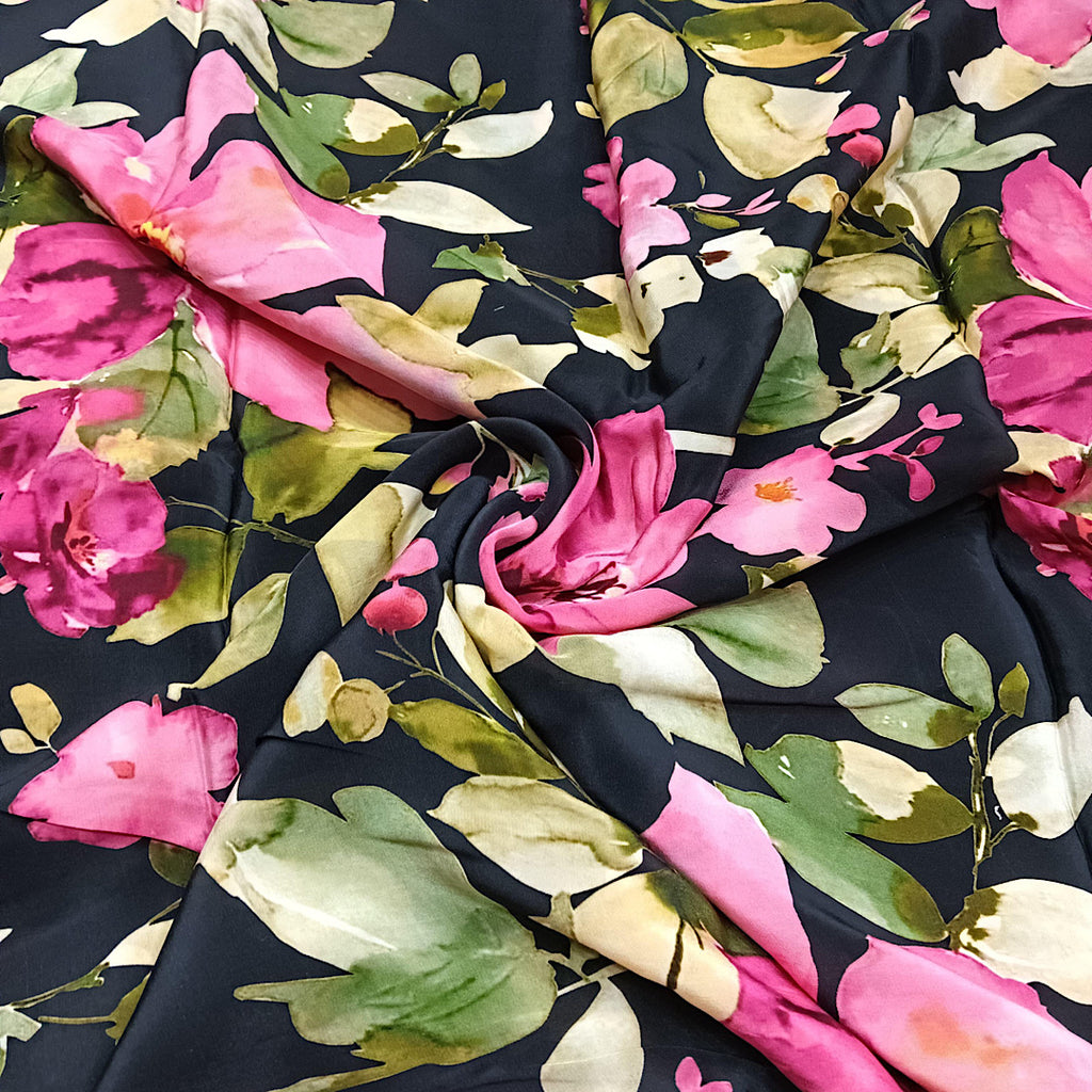 Black with Pink Floral Print on Pure Natural Crepe OM PS 75