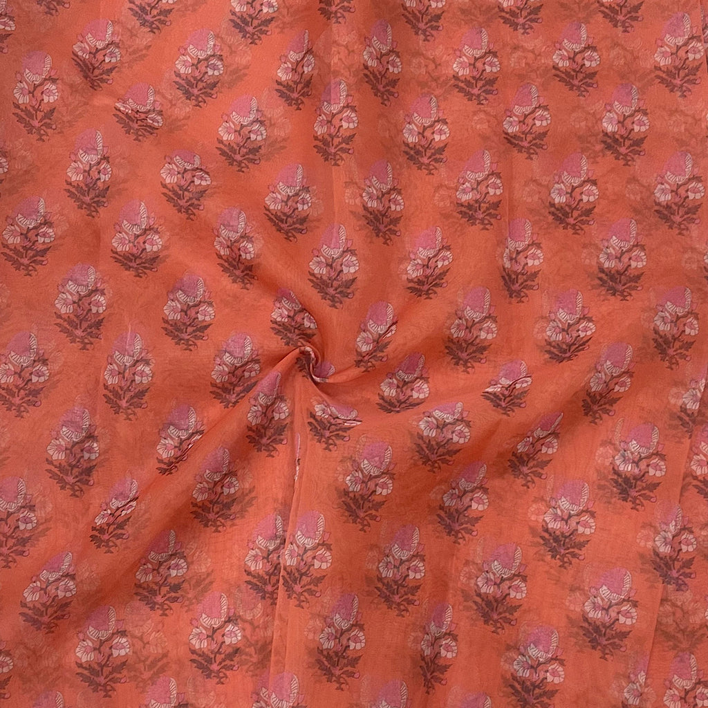 Rusty Orange Floral Print on Soft Organza