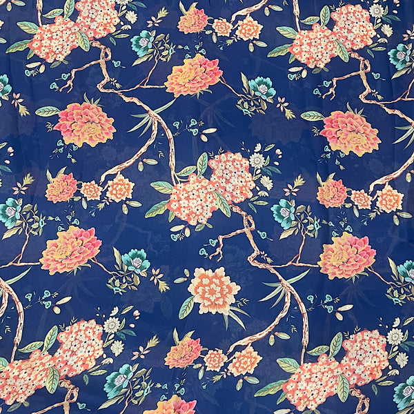 Mahima Blue Floral Bel Print on Satin Georgette Fabric OM SG 89