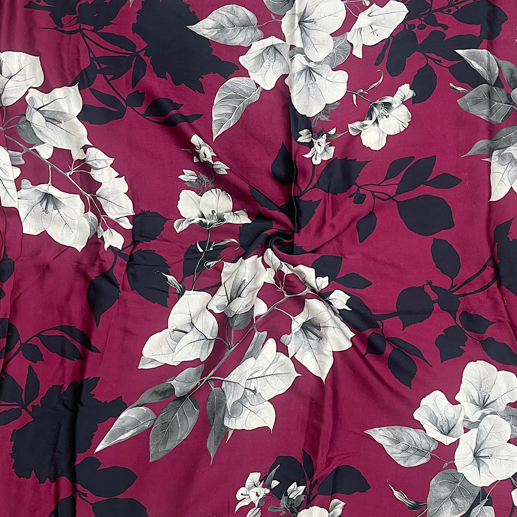 Aza New Floral Print with Magenta Base with White Gray & Black Floral on Pure Modal Satin