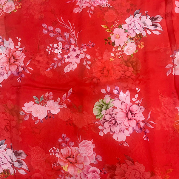 Rimple Red Floral Print on Pure Viscose Organza