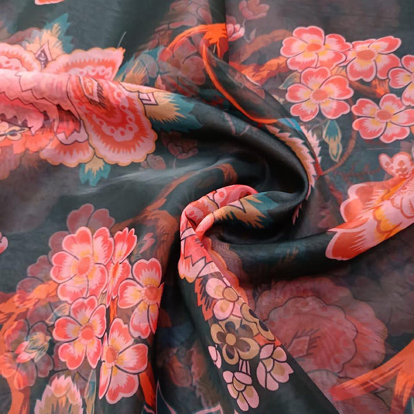 Bottle Green Big Floral Print on Soft Organza & Georgette OM PS 27