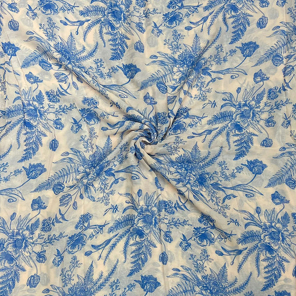 Blue Small Floral Print on Ivory White Base Color on Pure Viscose Georgette OM PS 25
