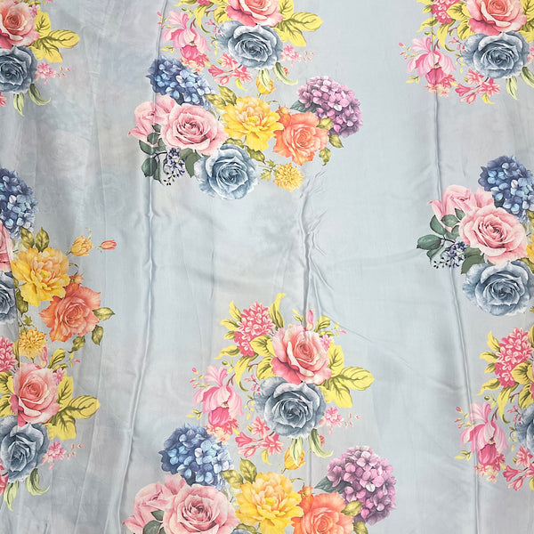 Gazal Big Floral Bunch Print in Light Dusty Blue Color on Pure Modal Satin Fabric