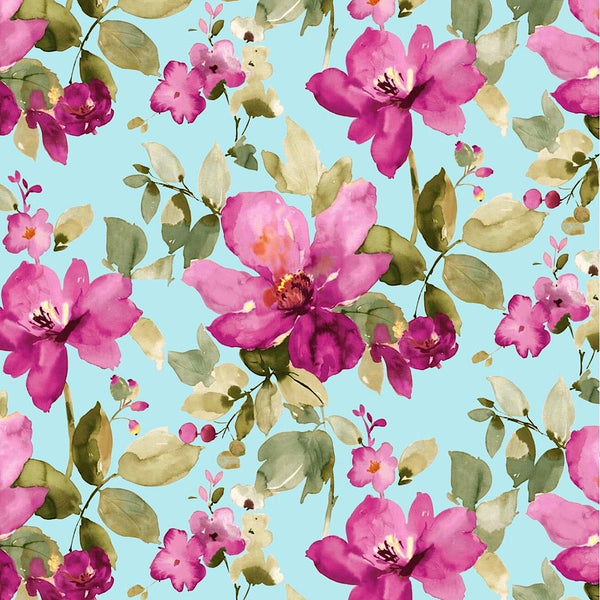 Light Blue with Pink Floral Print on Pure Natural Crepe OM PS 75