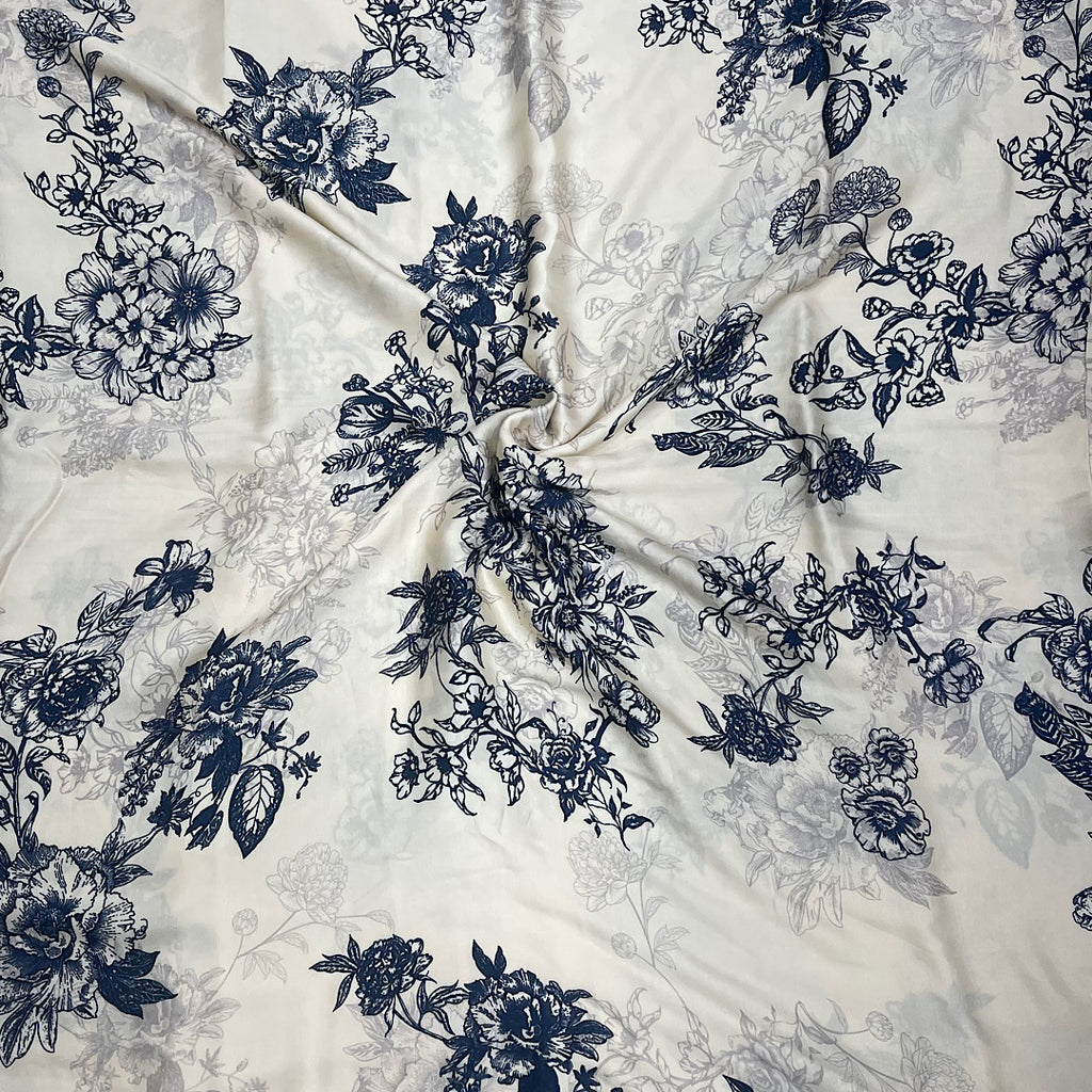 Gazal Floral Print in Gold with Blue Floral on Pure Modal Satin Fabric