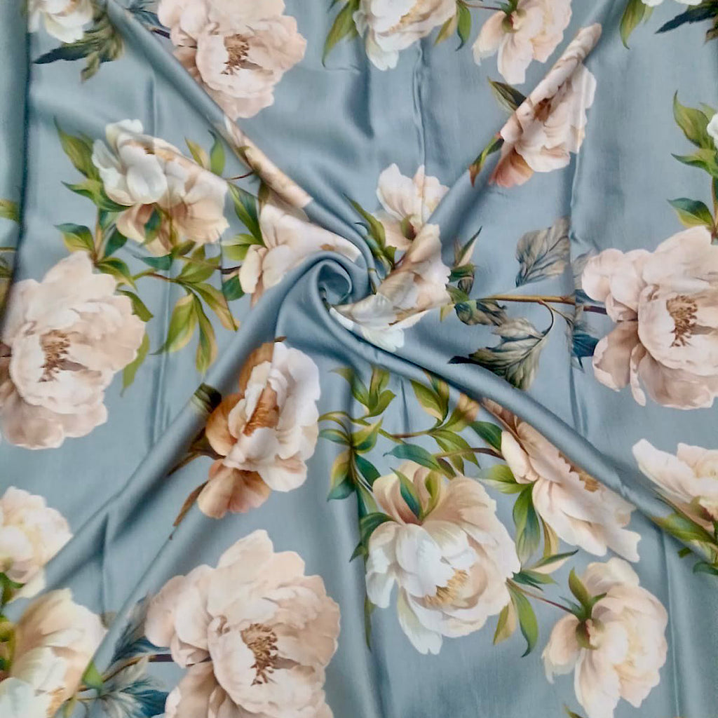 Rania Floral Print with Dusty Greyish Blue Base & Cream Floral on Pure Modal Satin OM PS 343 C6