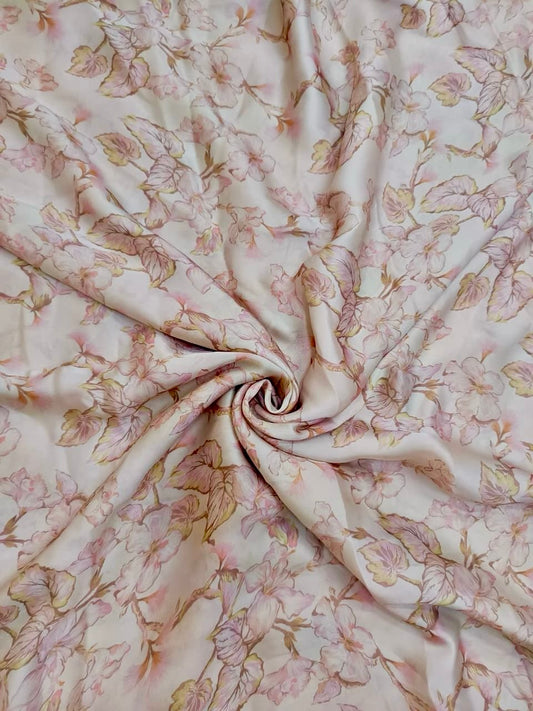 Beige with Light Pink Leaves Print on Satin Georgette OM RS