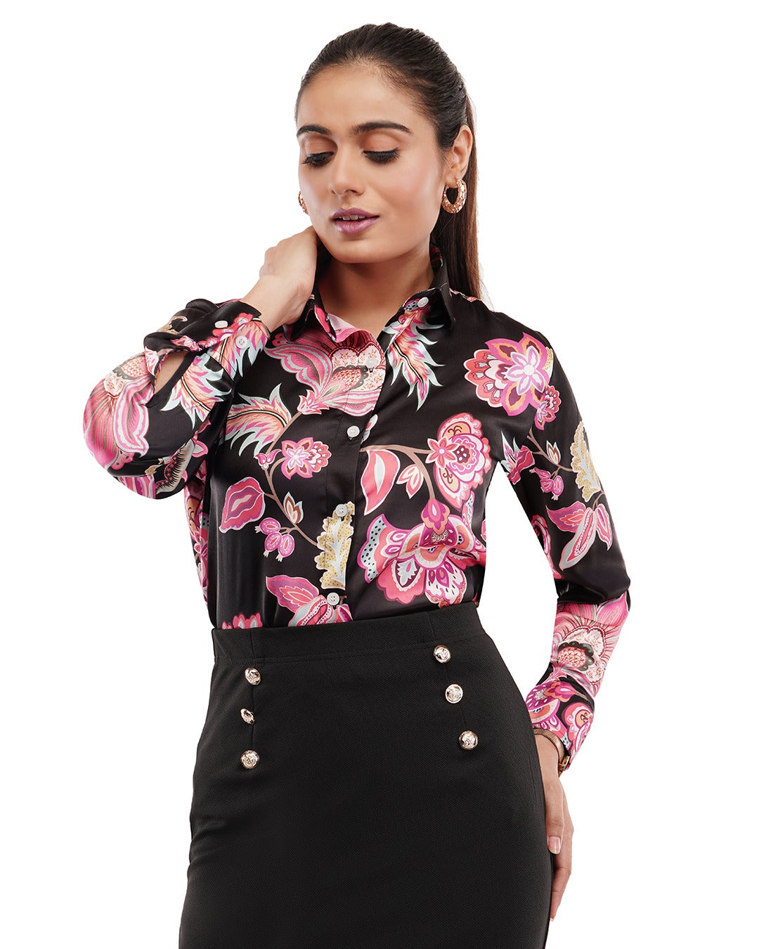 Black & Pink Floral Print on Pure Modal Satin PK 1520