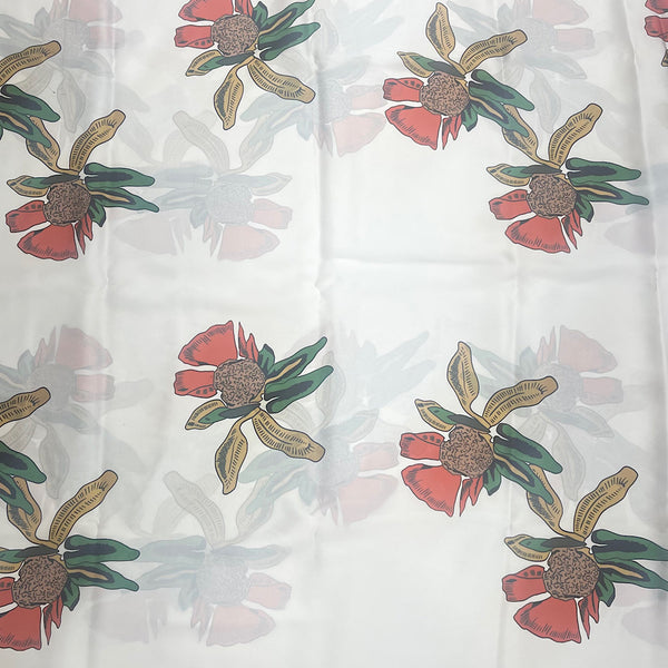 Sabya Print with White Base & Red Floral Design on Pure Satin Georgette