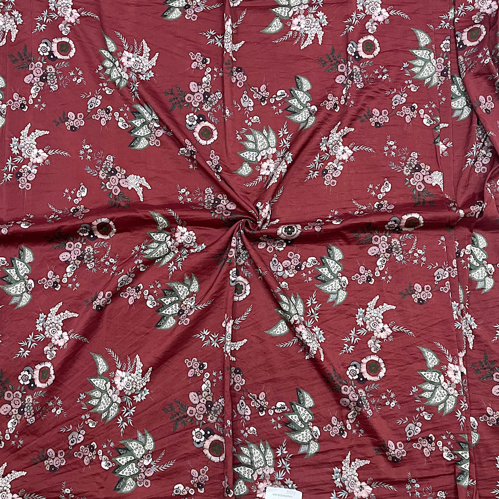 Wine Brown Color Small Floral Traditional Sabya Print on Pure Natural Crepe OM SG 112