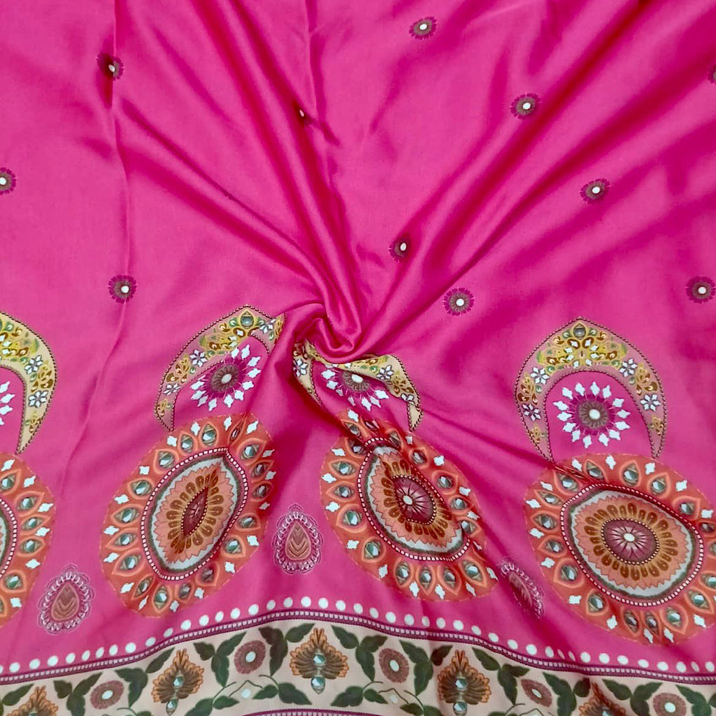 Mayur Print with Hot Pink Daaman Style Kurta Design on Pure Modal Satin