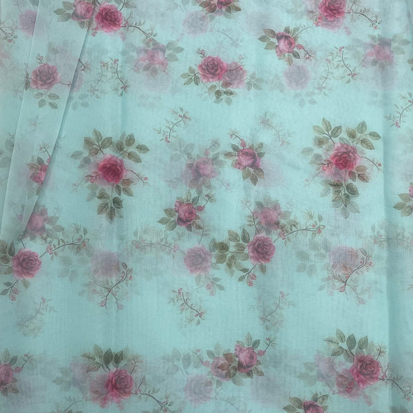 Light Blue Rose Print on Soft Organza