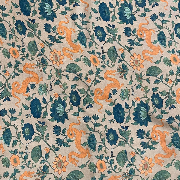 Kareena Dragon Flower Print with Black Base on Pure Modal Satin & Crepe