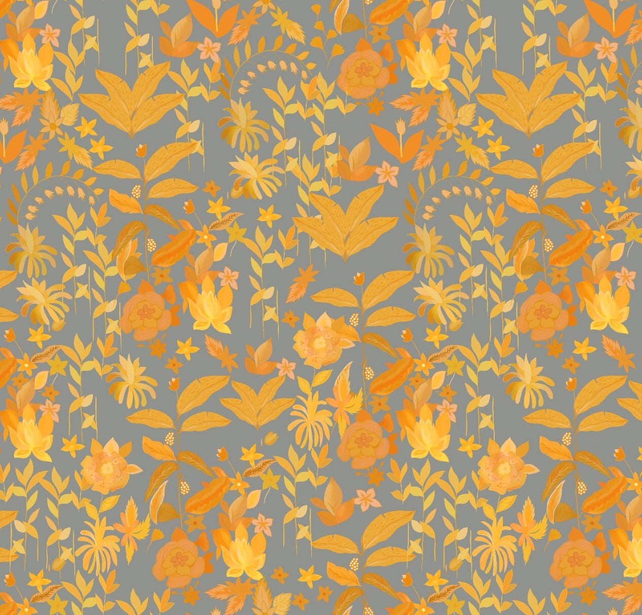 Grey & Yellow Small Floral Print on Satin Linen OM SG 73