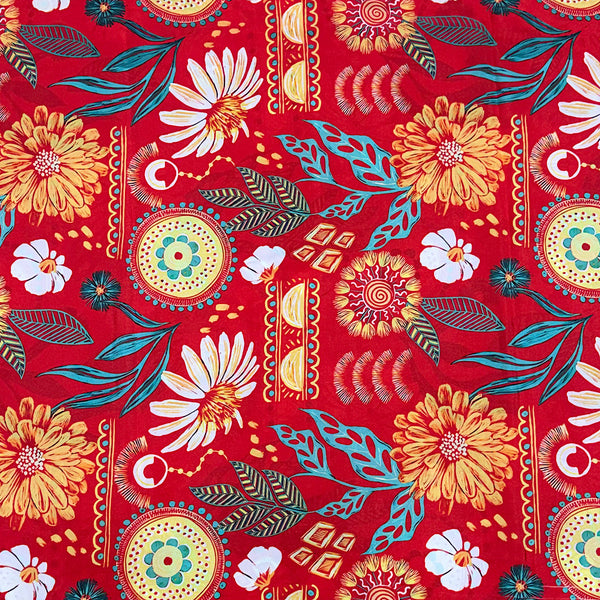 Red English Floral Print on Crepe Silk Fabric OM DW 80