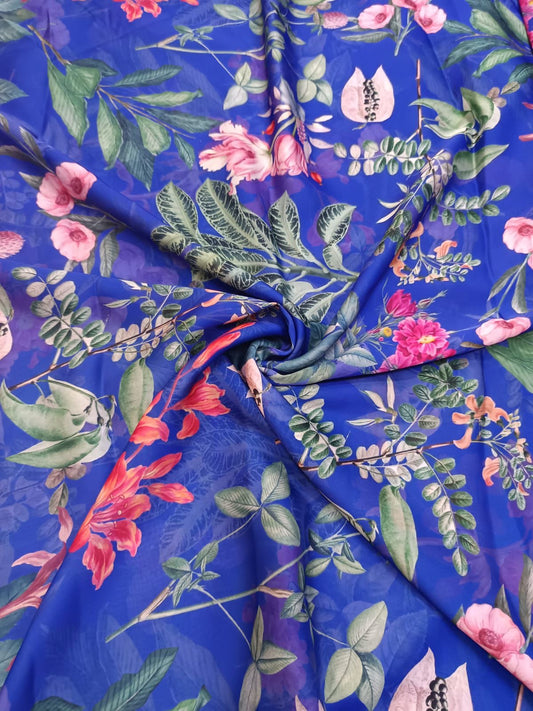 Royal Blue Floral Print on Satin Georgette OM SG 80