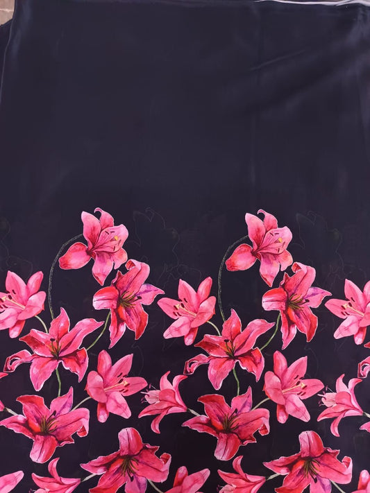 Black with Pink Floral Daaman Print on Pure Natural Crepe OM PS 63