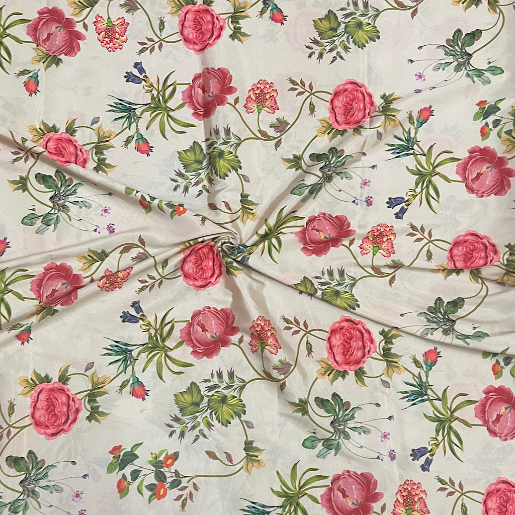 Gazal Floral Print on Beige Base with Pink Flower on Crepe Silk