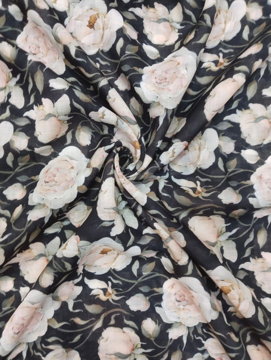 Black & Cream Floral Print on Linen Cotton OMPJ 388