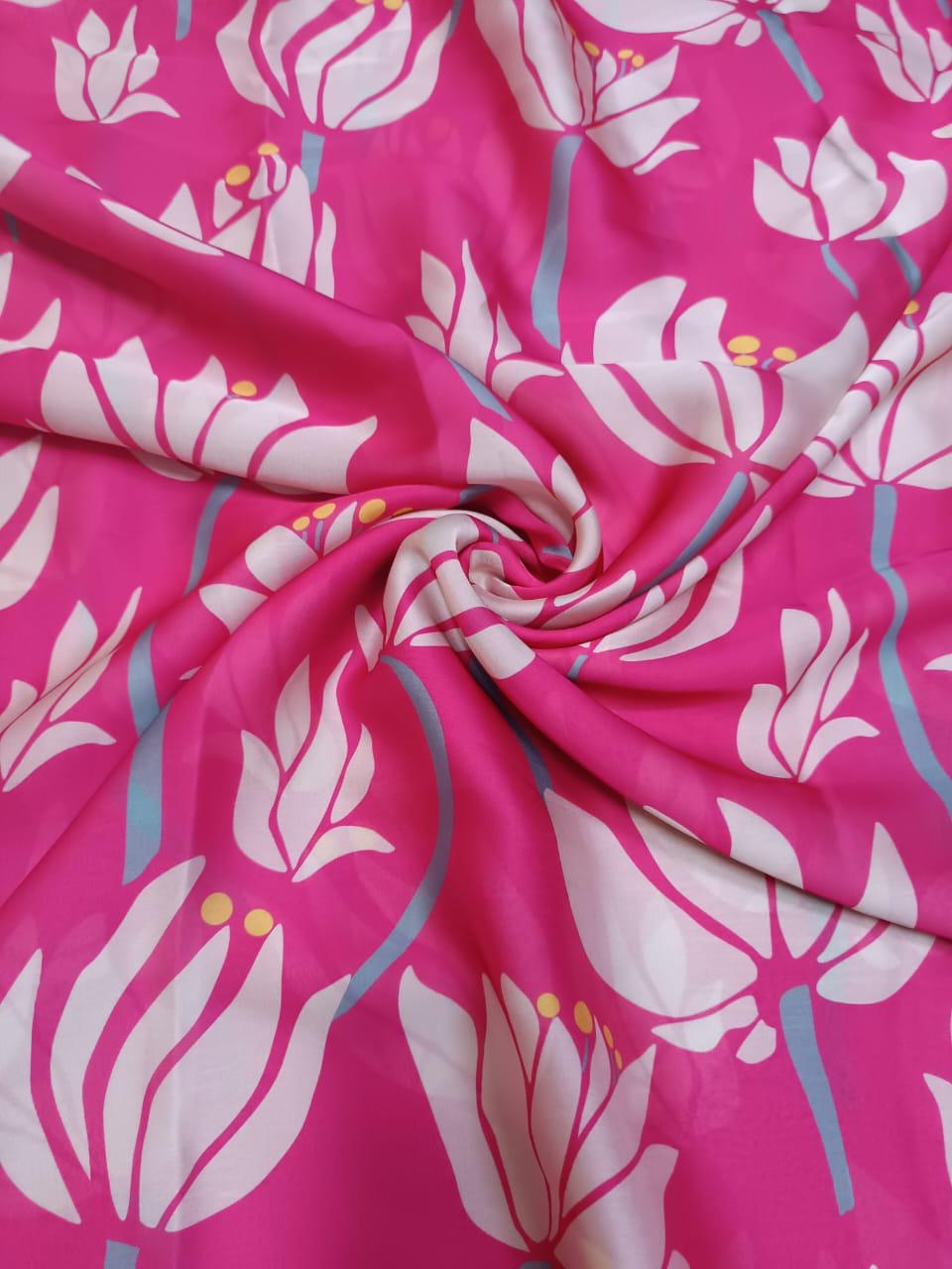 Pink & White Big Lotus Print on French Crepe TK 332