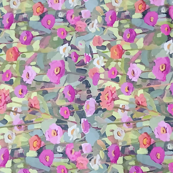 Multi Colour English Brush Paint Effect Floral Print on Satin WhiteOut Fabric OM SS 126