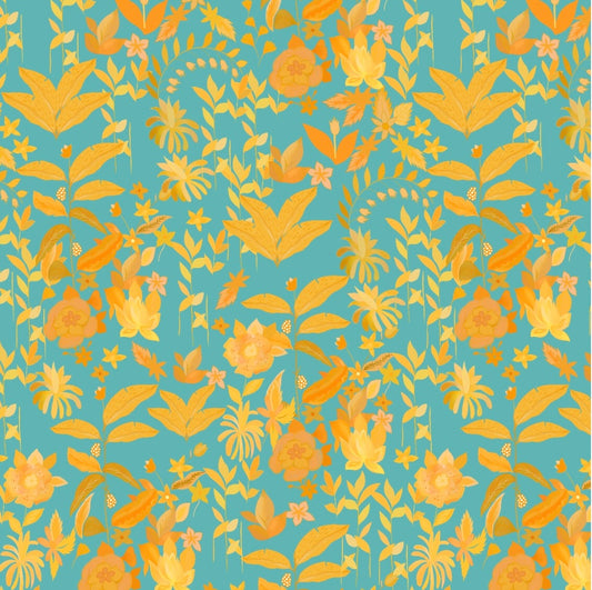 Firozi & Yellow Small Floral Print on Satin Linen OM SG 73