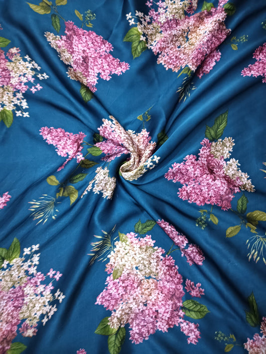 Navy Blue Floral Bunch Sabya Kareena Print on Pure Modal Satin & Satin Georgette TK 427