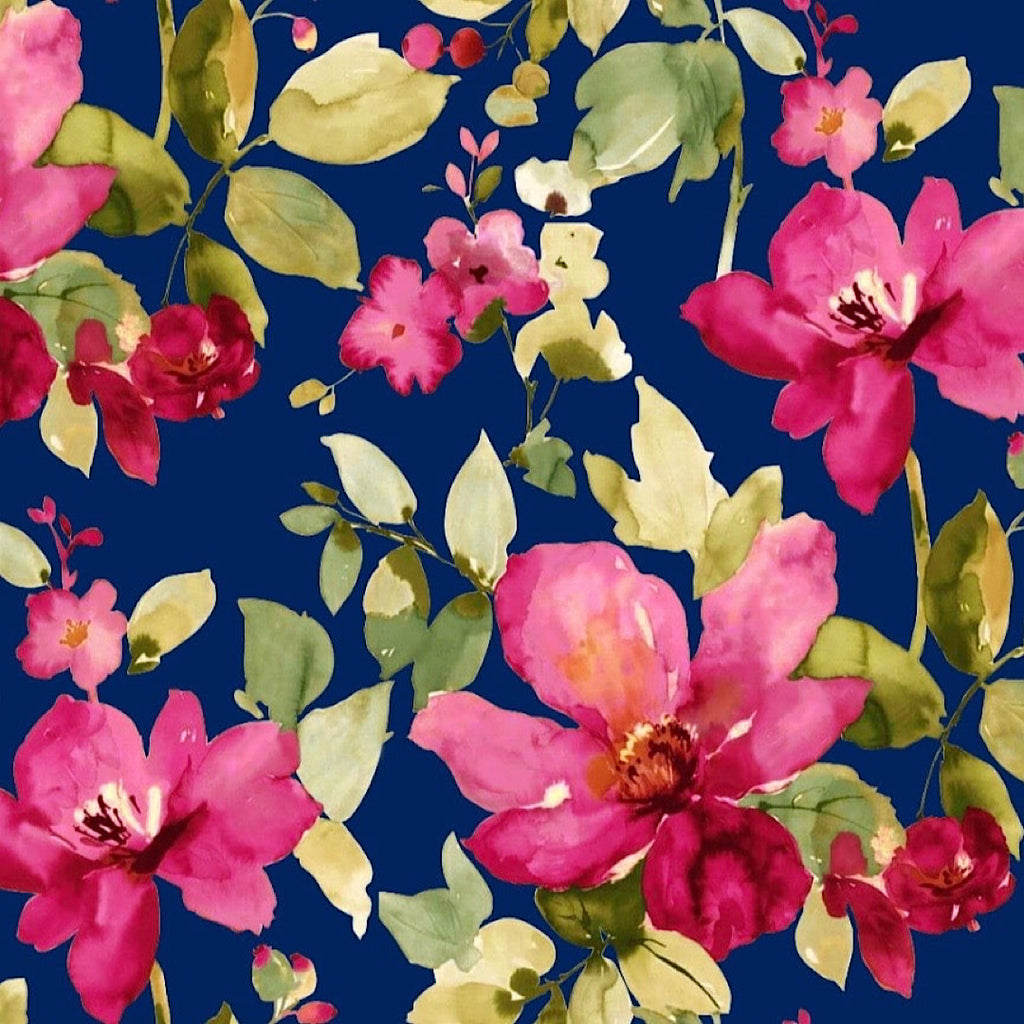 Navy Blue with Pink Floral Print on Pure Natural Crepe OM PS 75