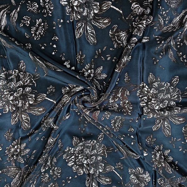 Black Floral Bird Print on Pure Natural Crepe OM SG 130
