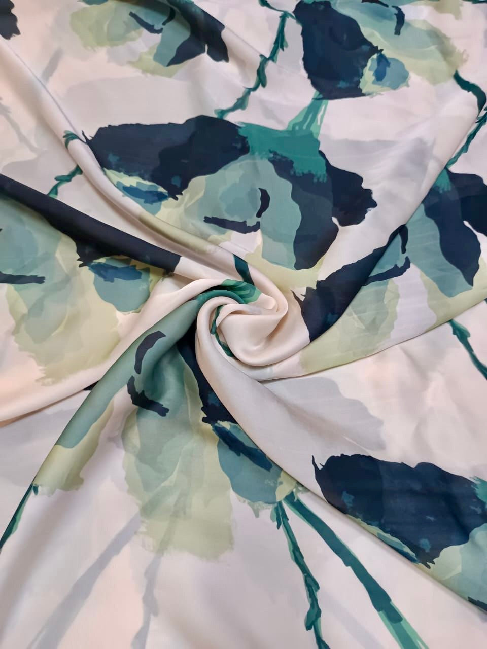 Cream Base with Pista Green Big Flower Print in Satin Georgette SS 861