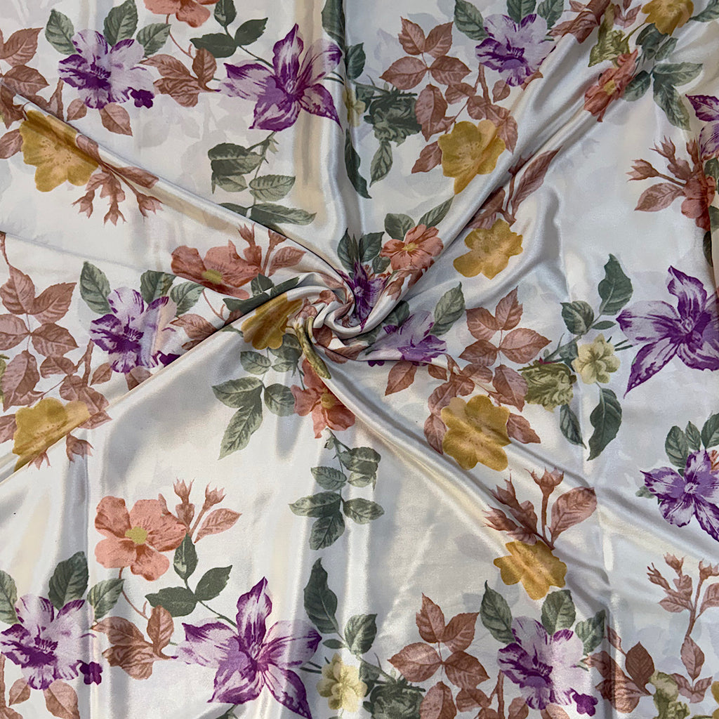 Rania Ivory White Floral Print on Crepe Silk Fabric RY 44