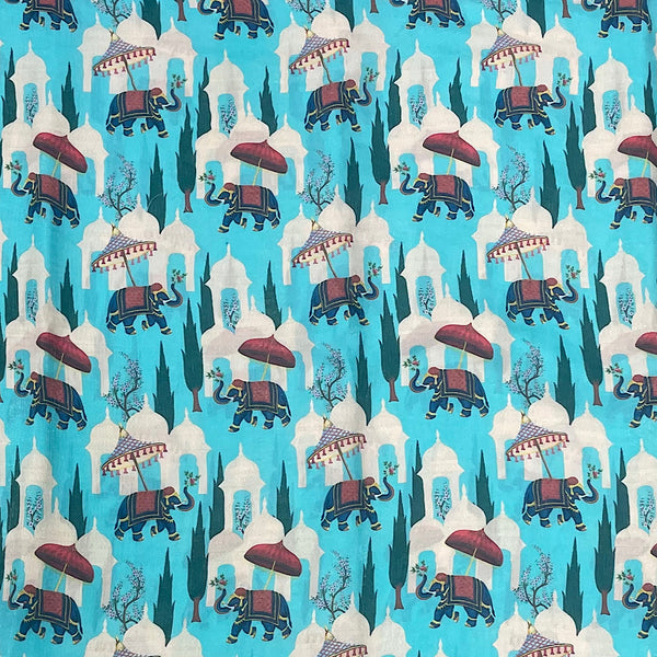 Elephant with Red Umbrella Print with Firozi Blue Base on Pure Gucci Silk